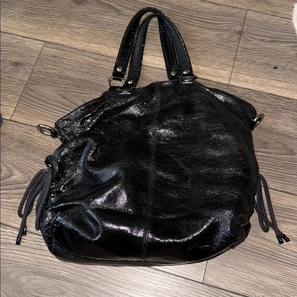 AUTH COACH POPPY GLOSSY CRINKLE PATENT LEATHER SATCHEL BAG PURSE 13869 BLACK - Picture 10 of 11